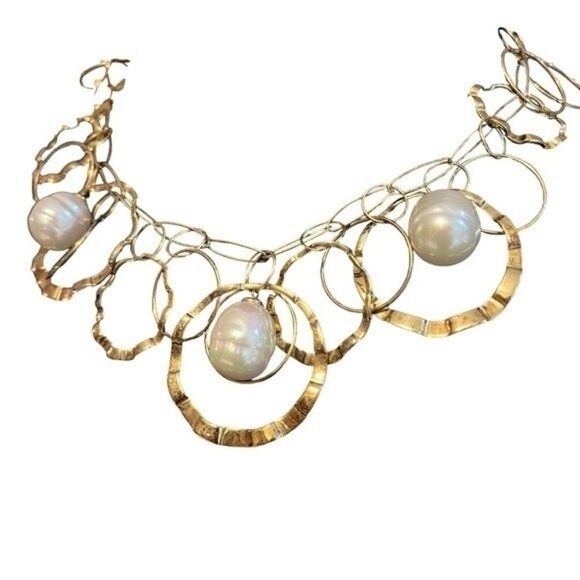 Gold Tone Costume Necklace Pearl Like Circle Links Layers of Circles - Picture 8 of 9